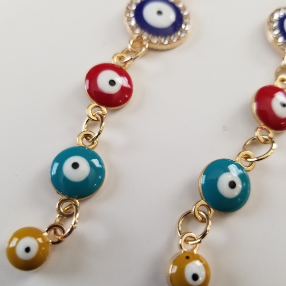 3/$30 ♥️ Evil Eye Protection Multi Color Dangling Earrings with Rhinestone New - Picture 5 of 6